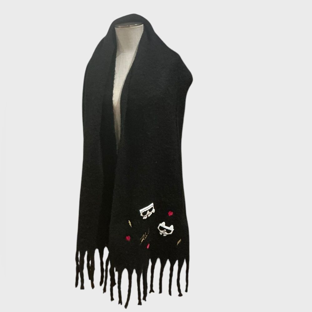NWT Karl Lagerfeld Paris Choupette Wool Blend Fringe Scarf Black $68 Retail